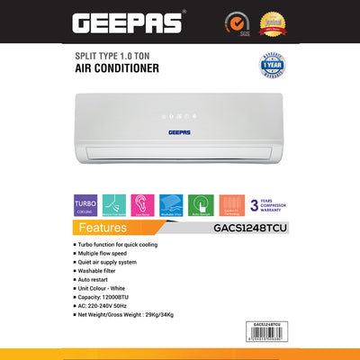 Geepas GACS1248TCU 1.0 Ton Split Type Air Conditioner | 12000 BTU Powerful Turbo Cooling | LED Display | Multiple Flow Speed | Quiet Air Supply System |  1-Year Warranty