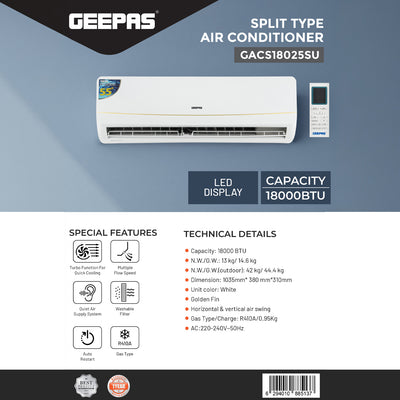 Geepas GACS18025SU 1.5 Ton Split Type Air Conditioner |18000 BTU Cooling Capacity | Golden Fin | Turbo Function | LED Display | R410A Gas | Auto Restart | 1-Year Warranty