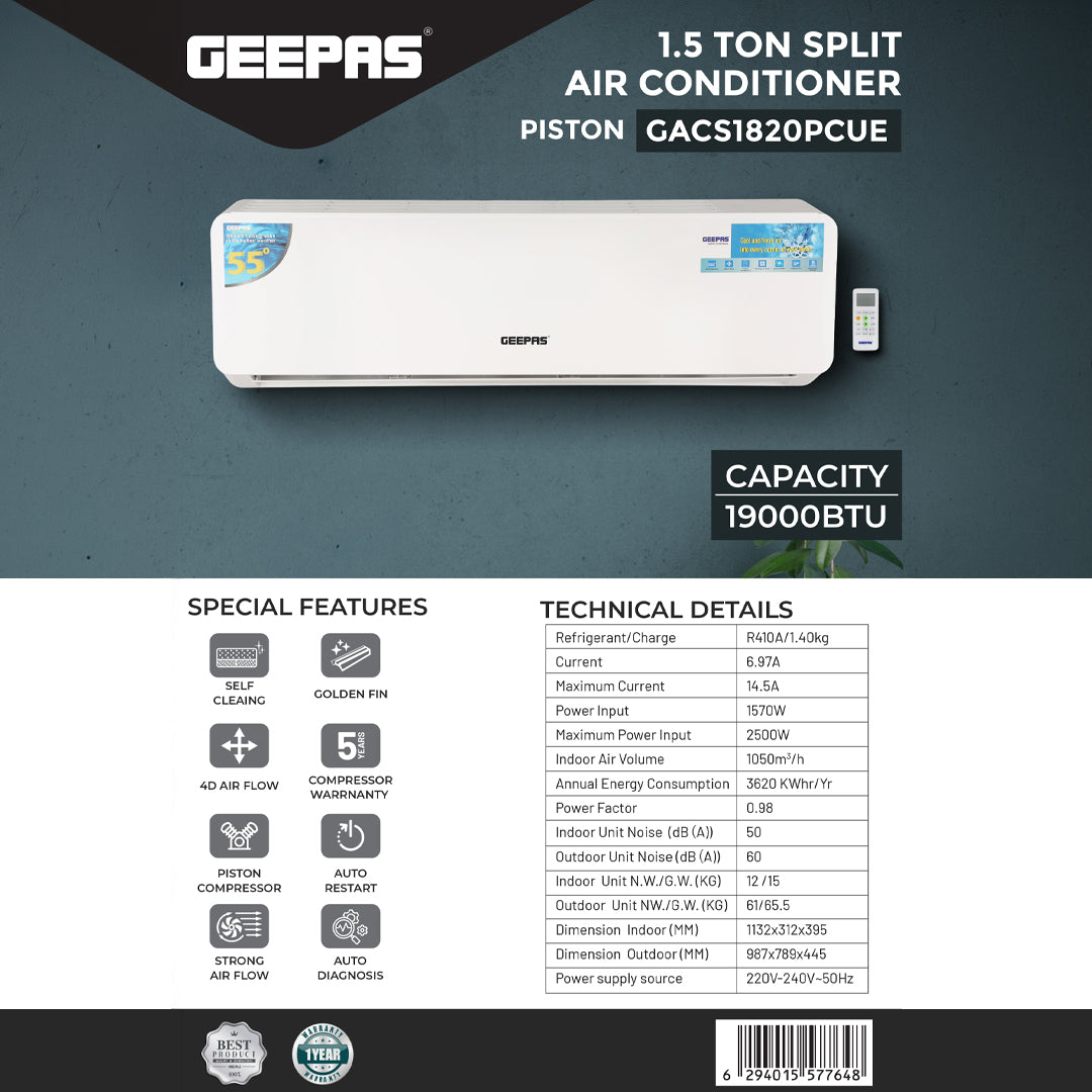 Geepas GACS1820PCUE 1.5 Ton Split Air Conditioner | 19000 BTU High-Efficiency Cooling | Self-Cleaning|  4D Air Flow |  Golden Fin Protection |  5-Year Compressor Warranty