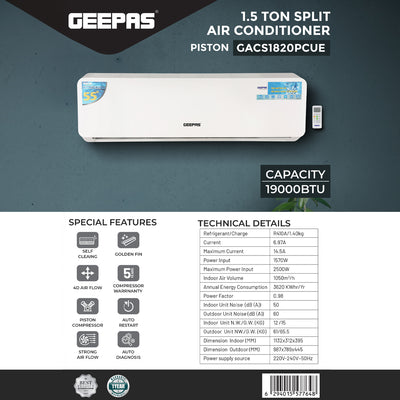 Geepas GACS1820PCUE 1.5 Ton Split Air Conditioner | 19000 BTU High-Efficiency Cooling | Self-Cleaning|  4D Air Flow |  Golden Fin Protection |  5-Year Compressor Warranty