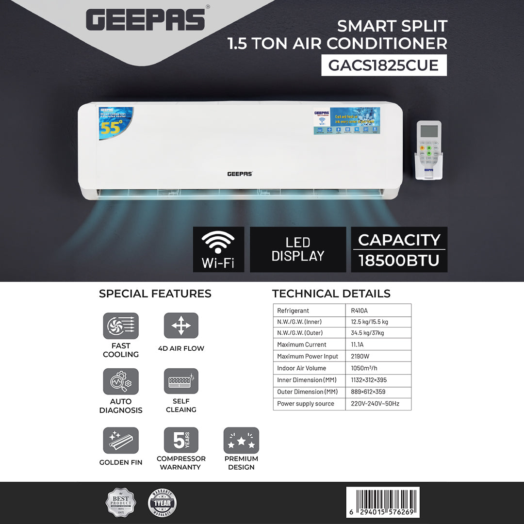 Geepas 1.5 Ton Smart Split Air Conditioner GACS1825CUE | 18500 BTU Cooling | Wi-Fi Control| LED Display| 4D Air Flow| Golden Fin| Self-Cleaning|  & 5-Year Warranty