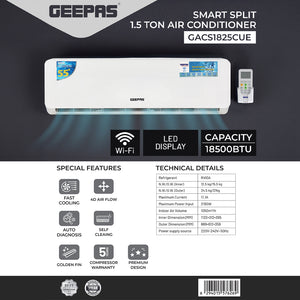 Geepas 1.5 Ton Smart Split Air Conditioner GACS1825CUE | 18500 BTU Cooling | Wi-Fi Control| LED Display| 4D Air Flow| Golden Fin| Self-Cleaning|  & 5-Year Warranty