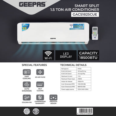 Geepas 1.5 Ton Smart Split Air Conditioner GACS1825CUE | 18500 BTU Cooling | Wi-Fi Control| LED Display| 4D Air Flow| Golden Fin| Self-Cleaning|  & 5-Year Warranty