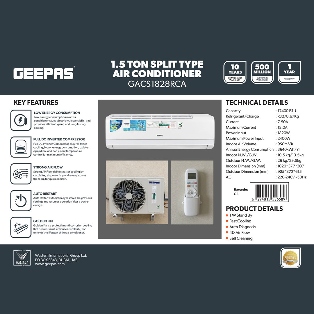 Geepas GACS1828RCA 1.5 Ton Split Type Air Conditioner | Full DC Inverter Compressor | 17400BTU Fast Cooling AC | 4D Air Flow | Self Cleaning & Golden Fin Protection