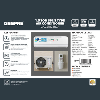 Geepas GACS1828RCA 1.5 Ton Split Type Air Conditioner | Full DC Inverter Compressor | 17400BTU Fast Cooling AC | 4D Air Flow | Self Cleaning & Golden Fin Protection