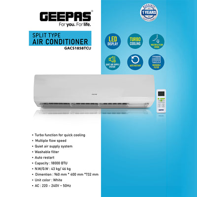 Geepas GACS1858TCU 18000 BTU Split Type Air Conditioner | Turbo Cooling AC with LED Display | Multiple Fan Speed Settings |Quiet Air Supply System | Auto Restart Function