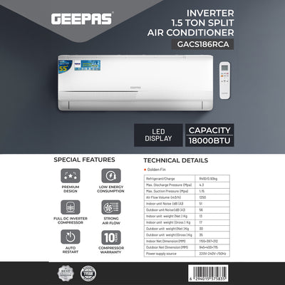 Geepas GACS186RCA 1.5 Ton Inverter Split Air Conditioner | 18000 BTU Cooling Capacity | Energy Efficient Compressor | Fast Cooling | Low Noise Operation | 1 Year Warranty