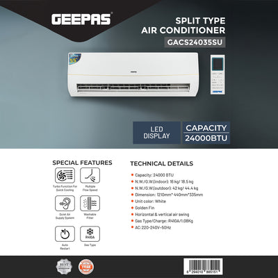 Geepas GACS24035SU  Split Type Air Conditioner | 24000 BTU Powerful Cooling Capacity | Turbo Cooling Function | LED Display | Quiet Air Supply System | 1-Year Warranty