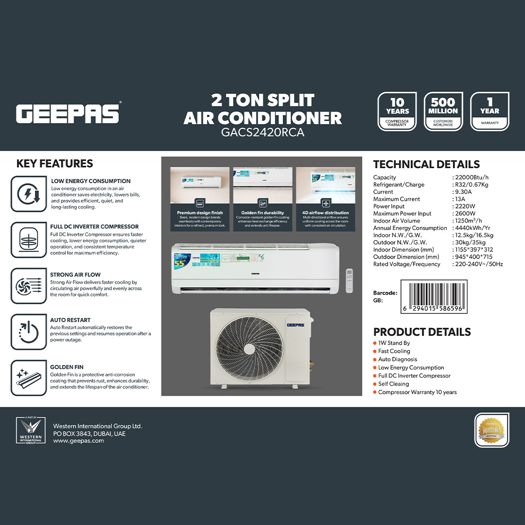 Geepas GACS2420RCA 2 Ton Split Air Conditioner | Full DC Inverter Compressor | 22000BTU Fast Cooling AC | 4D Airflow | Golden Fin & Self Cleaning for Home and Office Use