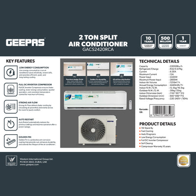 Geepas GACS2420RCA 2 Ton Split Air Conditioner | Full DC Inverter Compressor | 22000BTU Fast Cooling AC | 4D Airflow | Golden Fin & Self Cleaning for Home and Office Use