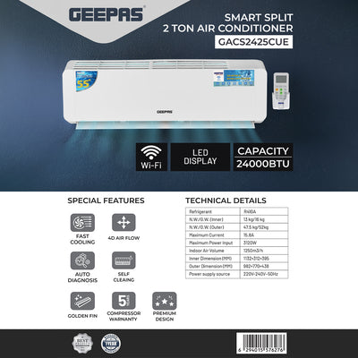 Geepas GACS2425CUE Smart Split 2 Ton Air Conditioner | 24000BTU Cooling Capacity | Wi-Fi Control| LED Display| 4D Air Flow | Fast Cooling| Auto Diagnosis & Self Cleaning