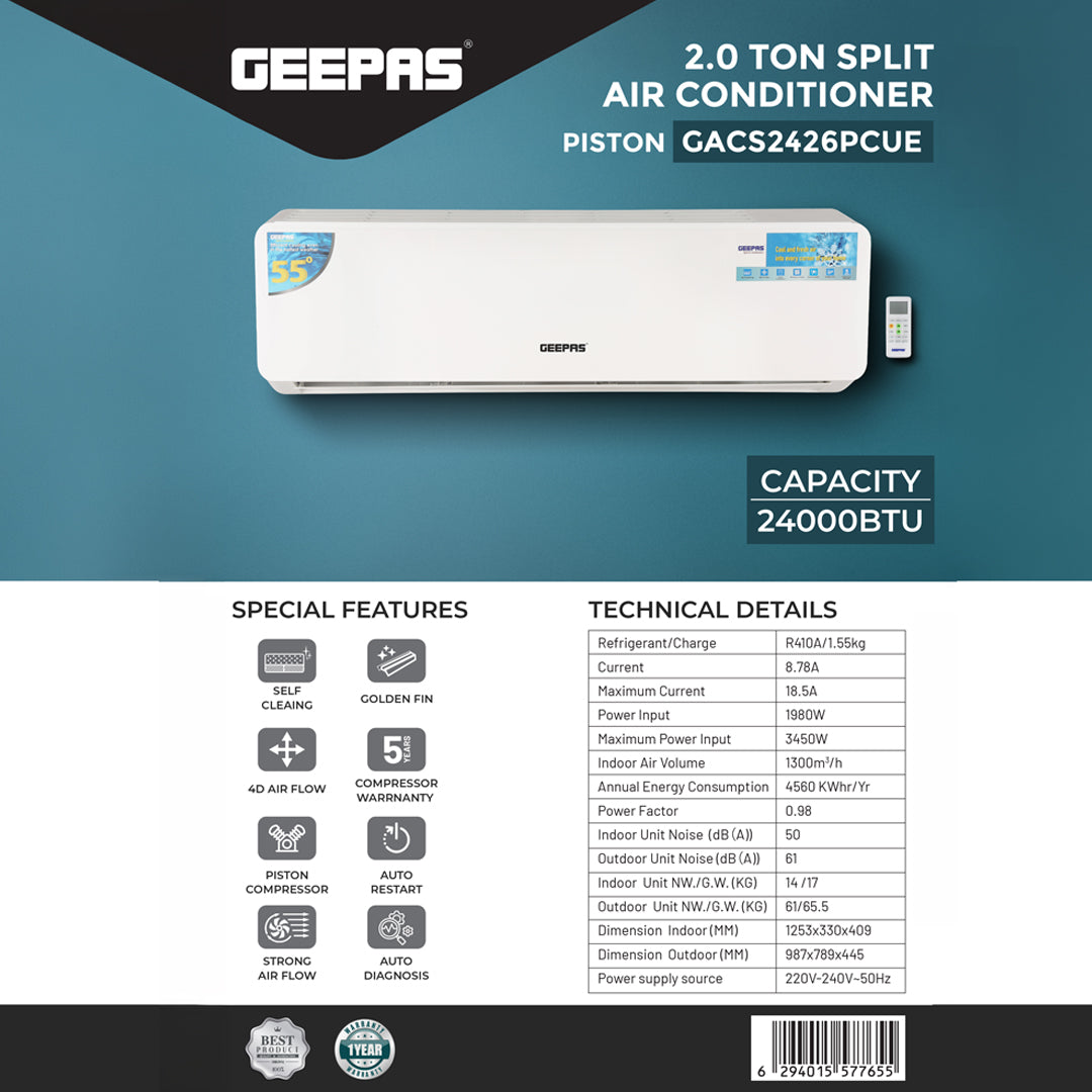 Geepas 2 Ton Split AC-24K, R410A Refrigerant, High-Efficiency Piston Big Compressor,T3 Climate Design,Powerful Cooling, Energy Efficient, Durable and Reliable Performance