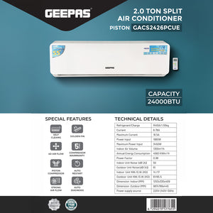 Geepas 2 Ton Split AC-24K, R410A Refrigerant, High-Efficiency Piston Big Compressor,T3 Climate Design,Powerful Cooling, Energy Efficient, Durable and Reliable Performance