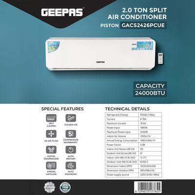 Geepas 2 Ton Split AC-24K, R410A Refrigerant, High-Efficiency Piston Big Compressor,T3 Climate Design,Powerful Cooling, Energy Efficient, Durable and Reliable Performance