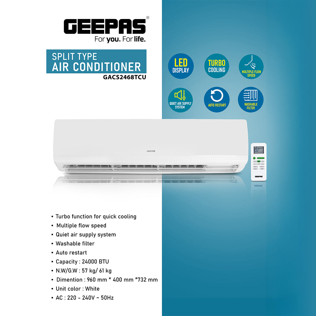 Geepas GACS2468TCU 2.0 Ton Split Type Air Conditioner | 24000 BTU Cooling Capacity | Turbo Cooling  | Multiple Flow Speed | Quiet Air Supply System | 1-Year Warranty
