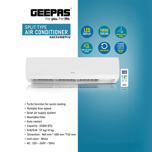Geepas GACS2468TCU 2.0 Ton Split Type Air Conditioner | 24000 BTU Cooling Capacity | Turbo Cooling  | Multiple Flow Speed | Quiet Air Supply System | 1-Year Warranty