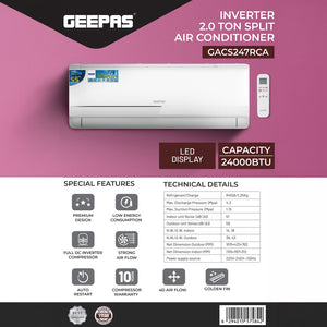 Geepas GACS247RCA 2.0 Ton Inverter Split Air Conditioner | 24000 BTU Cooling Capacity | Energy Efficient & Low Noise Operation |  Modern Design  | 1-Year  Warranty