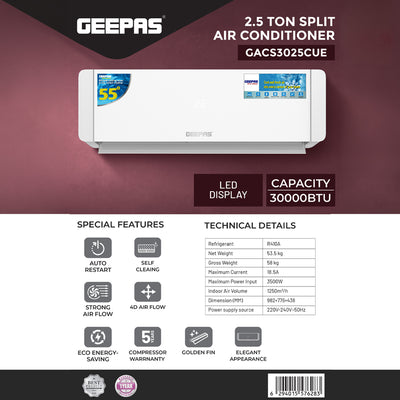 Geepas GACS3025CUE 2.5 Ton Split Air Conditioner | 30000 BTU AC with LED Display & 4D Air Flow | 4D Air Flow Technology | Self-Cleaning Function |Golden Fin Condenser