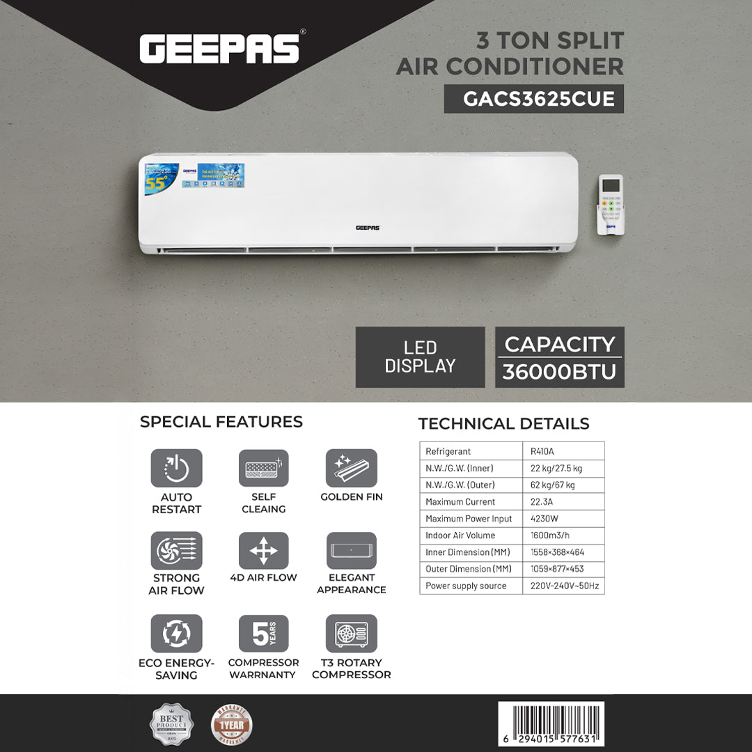 Geepas GACS3625CUE 3 Ton Split Air Conditioner |Powerful Cooling Performance |Self-Cleaning Function | Eco Mode | Energy Efficient | Low Noise Operation, 1 Year Warranty