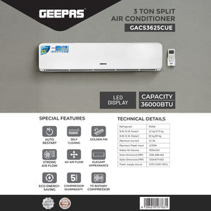 Geepas GACS3625CUE 3 Ton Split Air Conditioner |Powerful Cooling Performance |Self-Cleaning Function | Eco Mode | Energy Efficient | Low Noise Operation, 1 Year Warranty