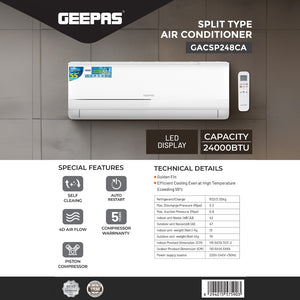Geepas GACSP248CA 24000 BTU Split AC |4D Air Flow, Golden Fin, Self Cleaning & Auto Restart | Efficient Cooling Above 55°C |Golden Fin Technology | Piston Compressor