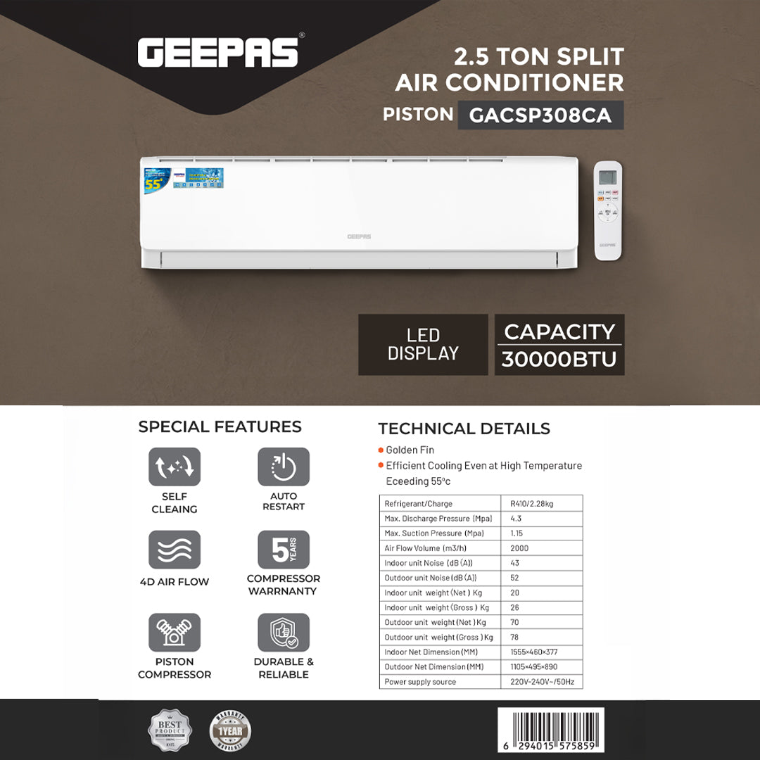 Geepas GACSP308CA 2.5 Ton Split Air Conditioner | 30000 BTU Cooling Capacity | High Performance Piston Compressor | Fast Cooling | Energy Efficient |  1 Year Warranty