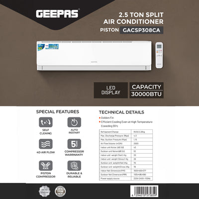 Geepas GACSP308CA 2.5 Ton Split Air Conditioner | 30000 BTU Cooling Capacity | High Performance Piston Compressor | Fast Cooling | Energy Efficient |  1 Year Warranty