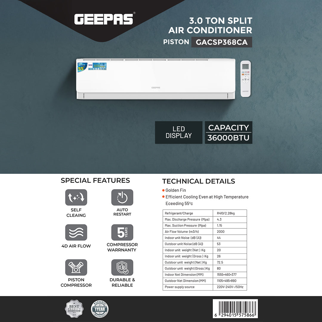 Geepas GACSP368CA 3.0 Ton Split Air Conditioner | 36000 BTU Cooling Capacity | Golden Fin Protection | Durable Piston Compressor | Energy Efficient  | 1 Year Warranty