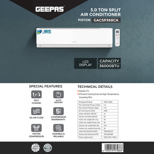 Geepas GACSP368CA 3.0 Ton Split Air Conditioner | 36000 BTU Cooling Capacity | Golden Fin Protection | Durable Piston Compressor | Energy Efficient  | 1 Year Warranty