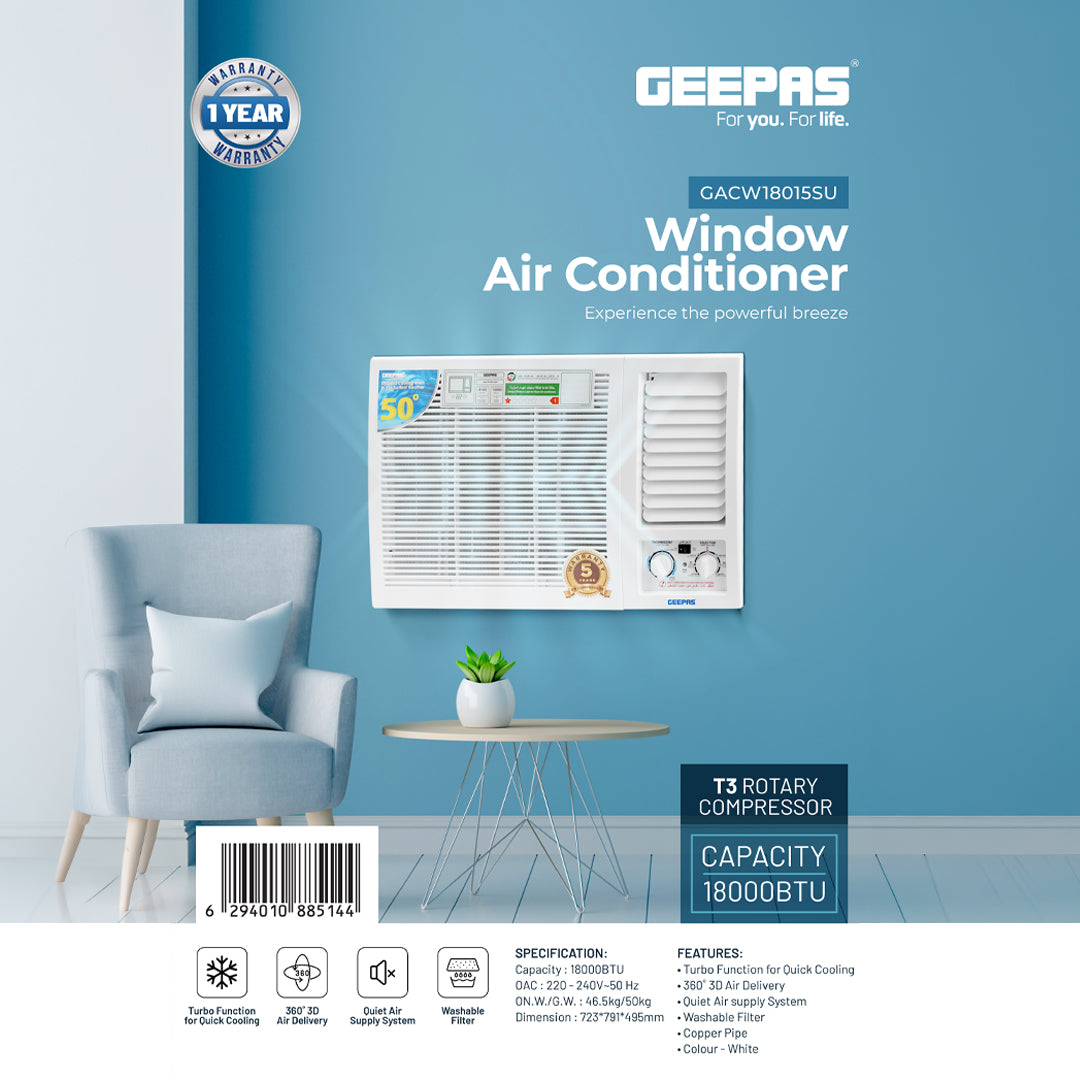 Geepas GACW18015SU Window Air Conditioner 18000 BTU | T3 Rotary Compressor & Turbo Cooling |360° 3D Air Delivery | Quiet Air Supply System |Efficient cooling performance