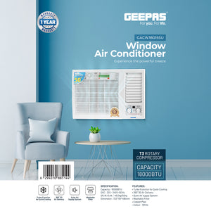 Geepas GACW18015SU Window Air Conditioner 18000 BTU | T3 Rotary Compressor & Turbo Cooling |360° 3D Air Delivery | Quiet Air Supply System |Efficient cooling performance