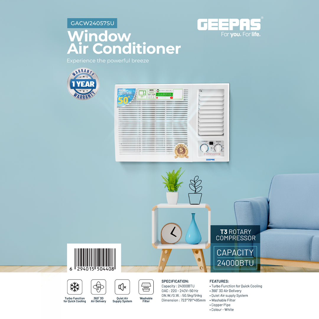 Geepas GACW24057SU 2.0 Ton Window Air Conditioner | 24000 BTU Cooling Capacity | Powerful T3 Rotary Compressor | Fast & Efficient Cooling |  1-Year Brand Warranty