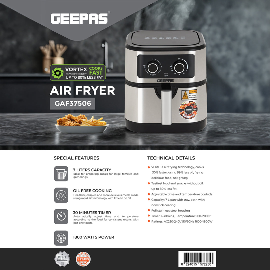 Geepas 7L Digital Air Fryer GAF37506 | 1800W Powerful Performance | Oil-Free Cooking with VORTEX Fast Technology | 30-Minute Timer | Large Capacity for Families