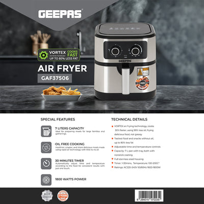 Geepas 7L Digital Air Fryer GAF37506 | 1800W Powerful Performance | Oil-Free Cooking with VORTEX Fast Technology | 30-Minute Timer | Large Capacity for Families