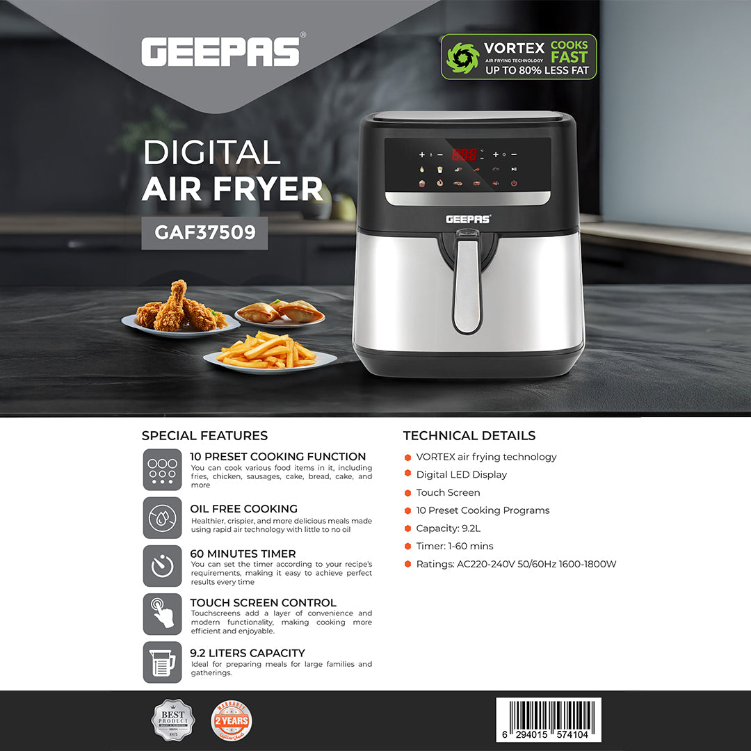 Geepas GAF37509 Digital Air Fryer 9.2L | 10 Preset Cooking Functions | Vortex Rapid Air Technology| LED Touchscreen Display| 60-Min Timer & Oil-Free Healthy Cooking