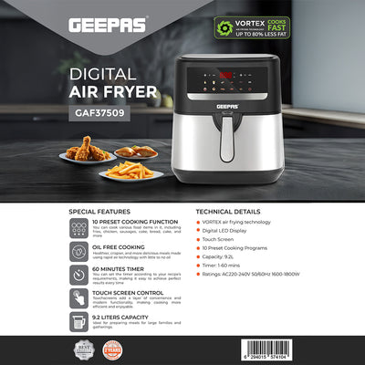 Geepas GAF37509 Digital Air Fryer 9.2L | 10 Preset Cooking Functions | Vortex Rapid Air Technology| LED Touchscreen Display| 60-Min Timer & Oil-Free Healthy Cooking