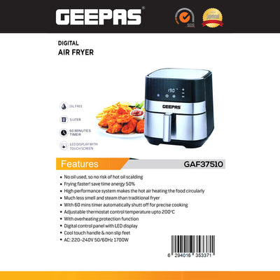 Geepas Digital Air Fryer GAF37510 | 5L Oil-Free Cooking | LED Display with Touchscreen, 60-Min Timer, Adjustable Temp Up to 200°C | 1700W Power| 2 Years Warranty