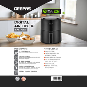 Geepas Digital Air Fryer- GAF37512T/4.0 L Pot, with Vortex Air Frying Technology/Multiple Function, 1-60 Min Timer, Temperature 80-200 Degree Celsius/Touch Screen Control