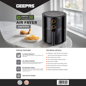 Geepas Air Fryer- GAF37513/ 4.0 L Pot, Non-Stick Coating, with Vortex Frying Technology/ Multiple Function, 1-60 Min Timer, Temperature 80-200 Degree Celsius, Black