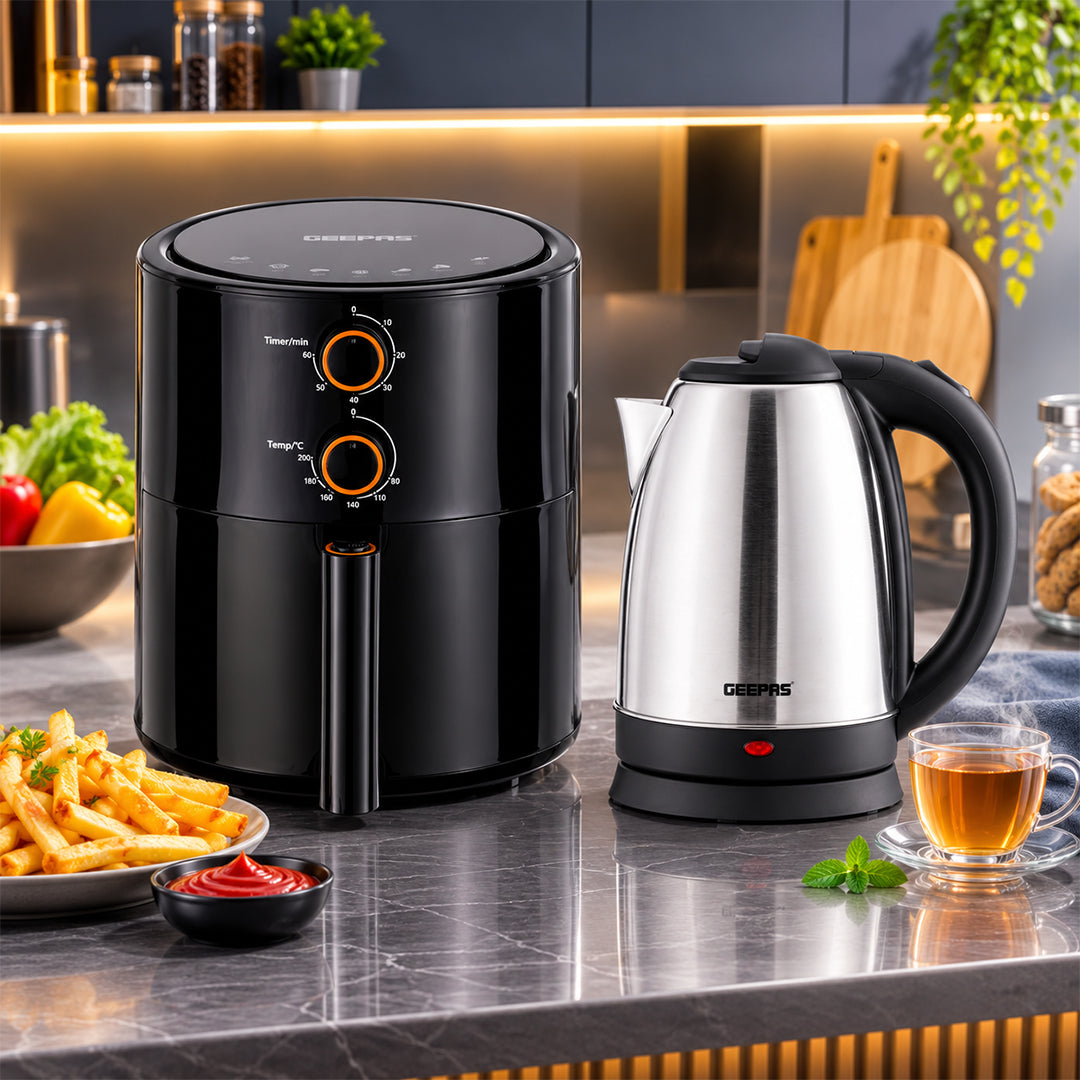 Geepas home Essential Combo: Geepas Kitchen Power Duo Combo: 4L Vortex Air Fryer & 1.8L Stainless Steel Kettle Set