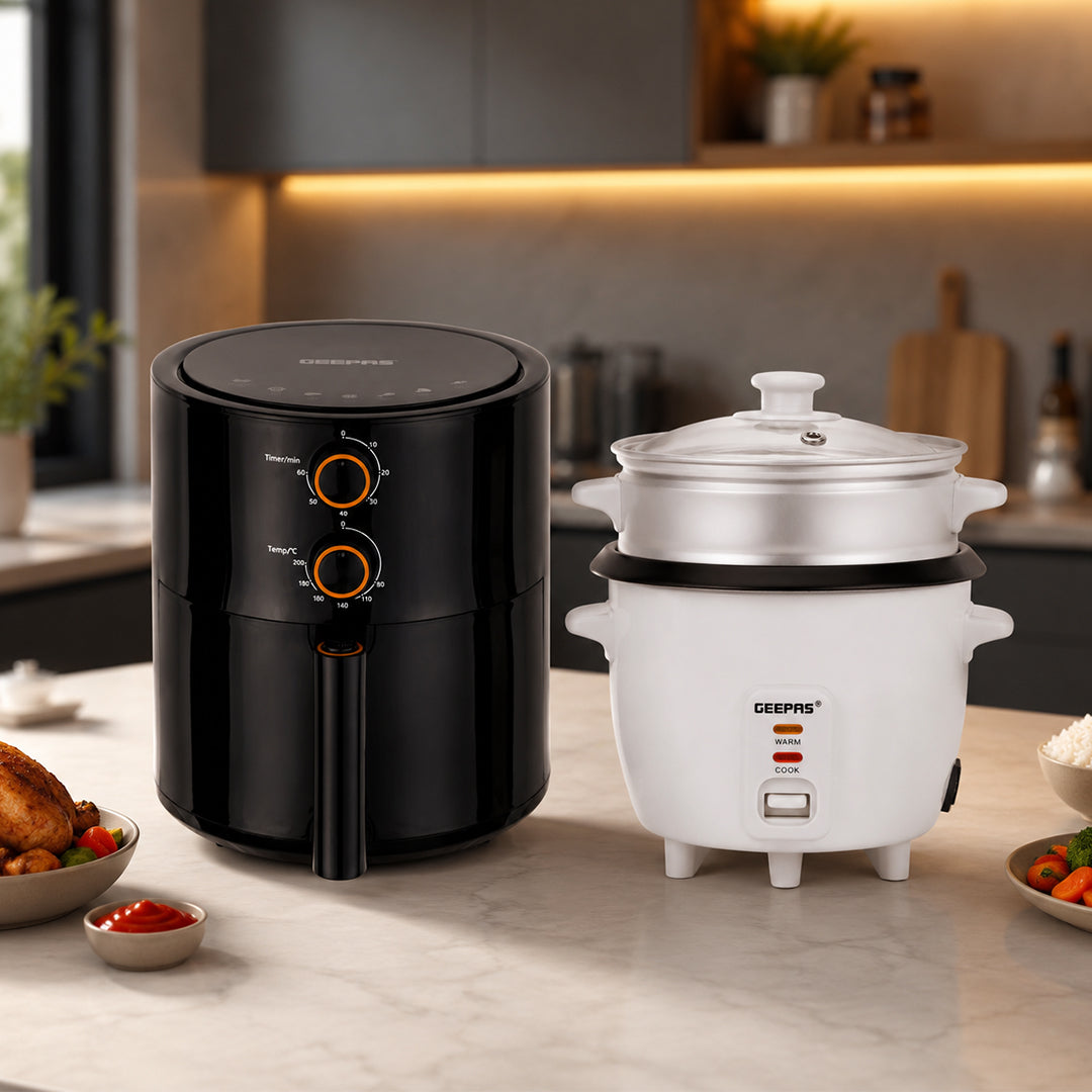 Geepas Home Essentials Combo: Geepas 4 liter air fryer and Geepas 0.6 Liter Rice Cooker