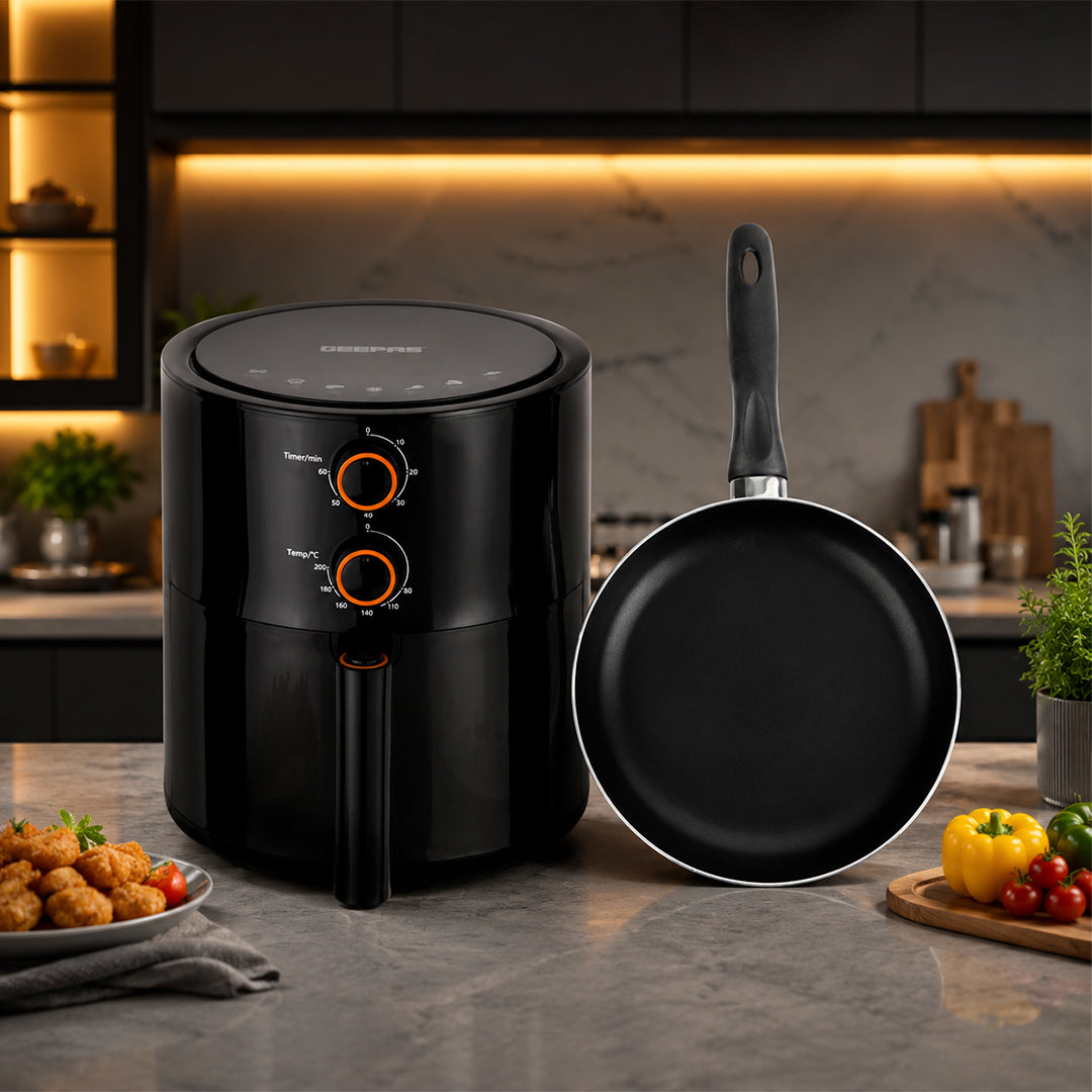 Healthy & Versatile Cooking Duo Combo: Geepas 4L Vortex Air Fryer & Royalford 24cm Non-Stick Frypan