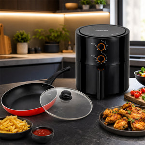 Geepas & Royalford Healthy Kitchen Combo: 4L Vortex Air Fryer & 24cm Non-Stick Frypan with Lid