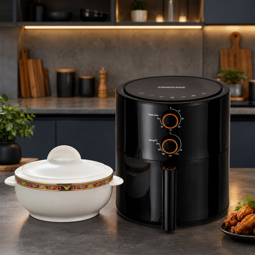 Geepas & Royalford Cook & Serve Combo: 4L Air Fryer & 1600ml Insulated Deluxe Casserole