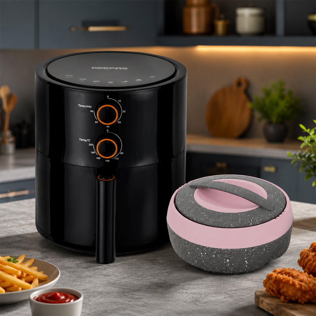 Premium Healthy Cook & Serve Combo: Geepas 4L Air Fryer & Royalford 2500ml Cosmos Insulated Casserole