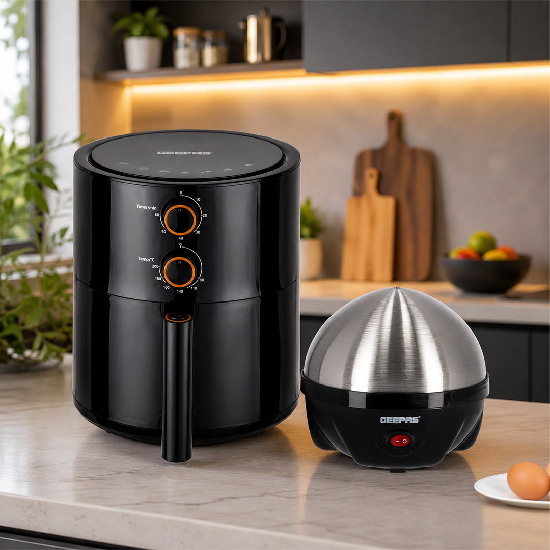 Geepas Home Essential Combo: Geepas Quick & Healthy Meals Combo: 4L Vortex Air Fryer & 7-Egg Electric Boiler Set