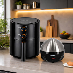 Geepas Home Essential Combo: Geepas Quick & Healthy Meals Combo: 4L Vortex Air Fryer & 7-Egg Electric Boiler Set