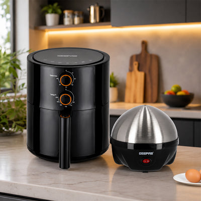 Geepas Home Essential Combo: Geepas Quick & Healthy Meals Combo: 4L Vortex Air Fryer & 7-Egg Electric Boiler Set
