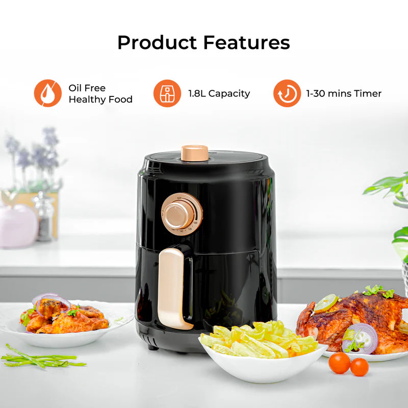 Geepas Air Fryer- GAF37516N| 1200W| 1.8 L Capacity| VORTX Air Frying Technology| Oil Free Cooking| Adjustable Timer and Temperature| 1-30 Minutes Timer| 2 Years Warranty