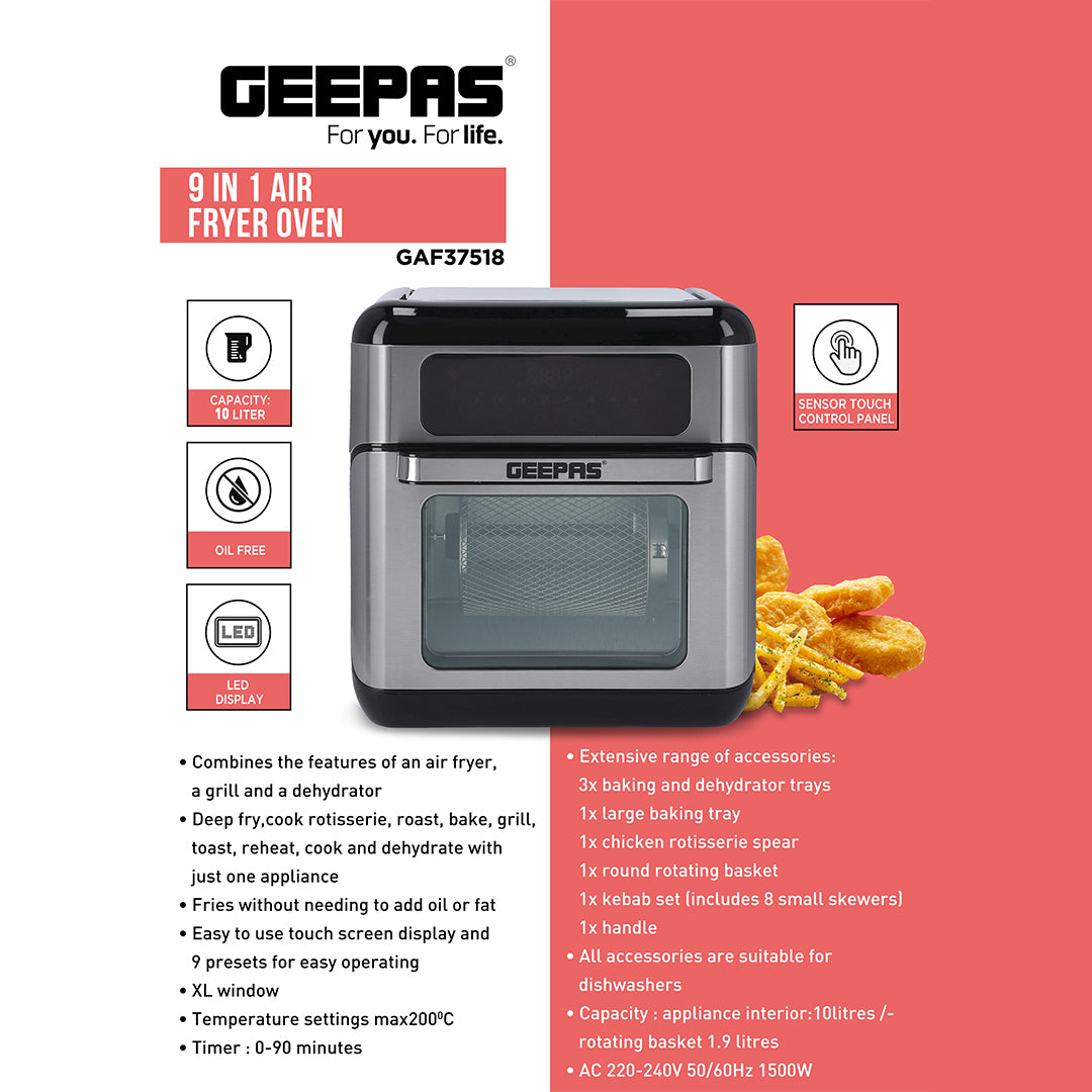 Geepas 1500W Air Fryer Oven Digital 9-in-1 Convection Air Fryer -Toaster Oven Combo Rotisserie & Dehydrator |  Oil-Free Countertop Oven | 90 min Timer |2 Years Warranty